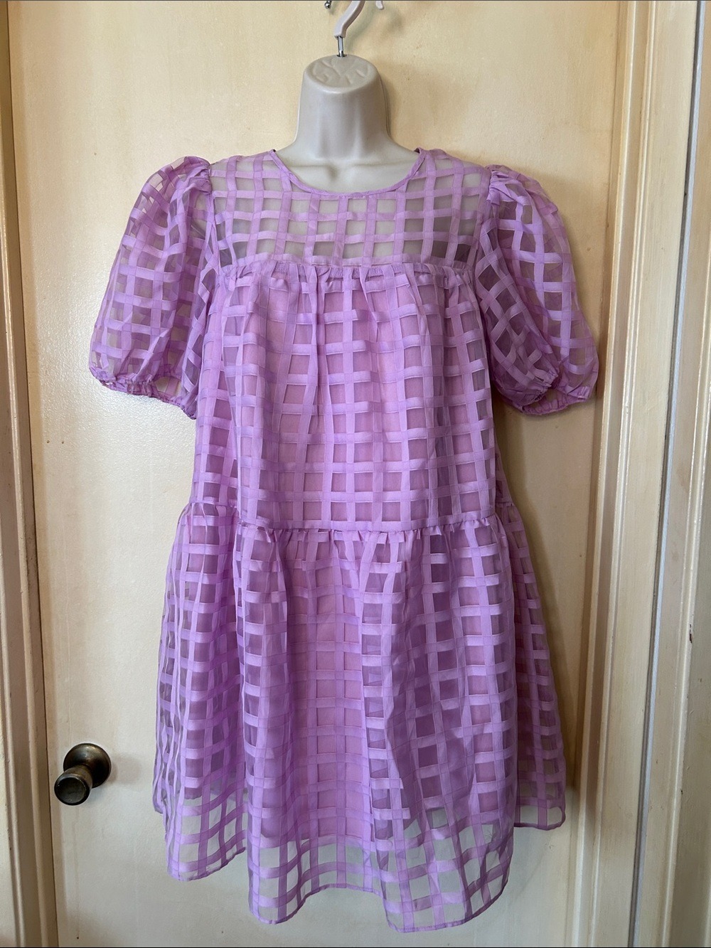 English Factory Lavender Grid Puff-Sleeve Mini Dress